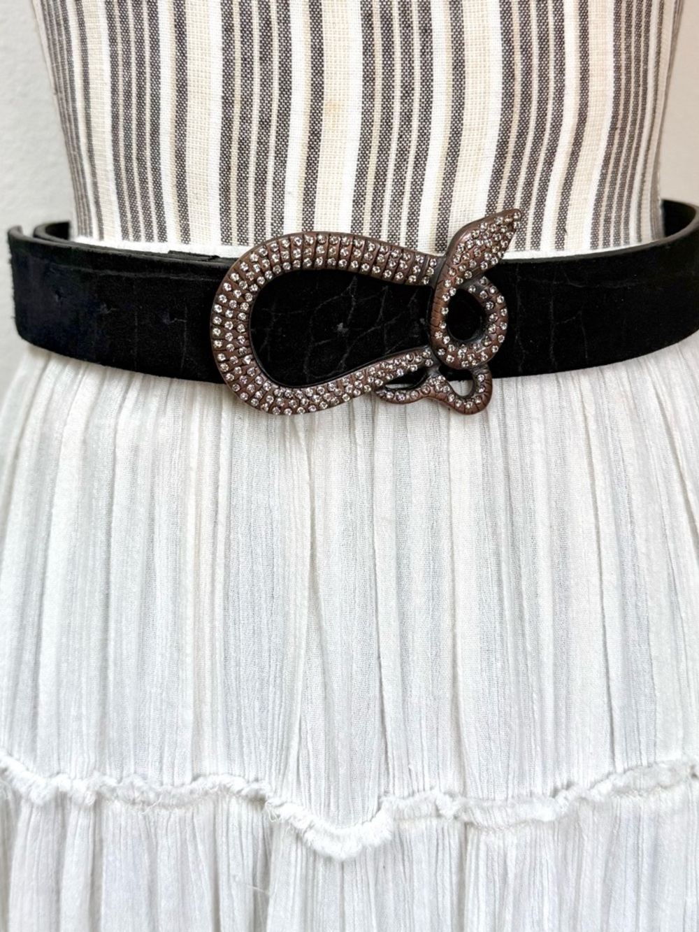 Just Cavalli y2k Black Croc Whimsygoth Embossed Leather Belt Rhinestone Buckle